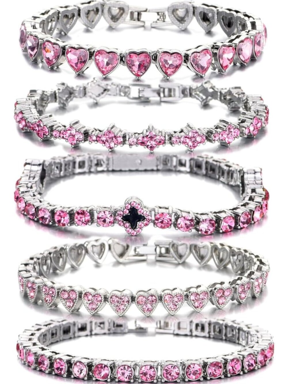 5PCS Diamond Tennis Bracelet Set for Women - Gold/Silver Plated Heart & Floral